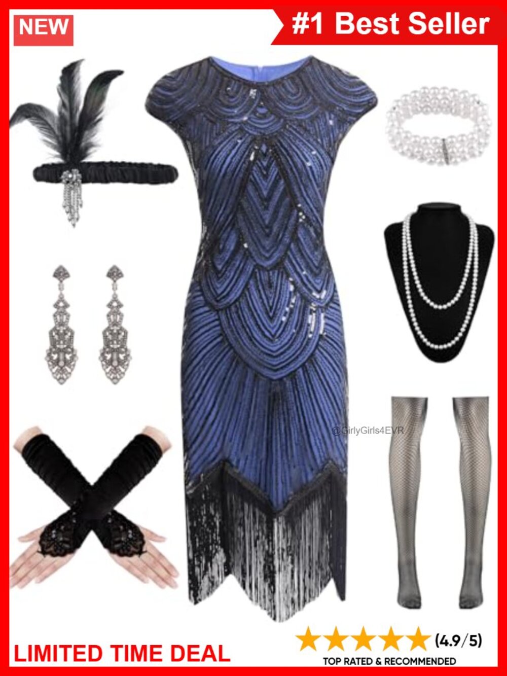 1920s Flapper Dress Costume Set Sequin Fringe Satin Gloves Feather Headband
